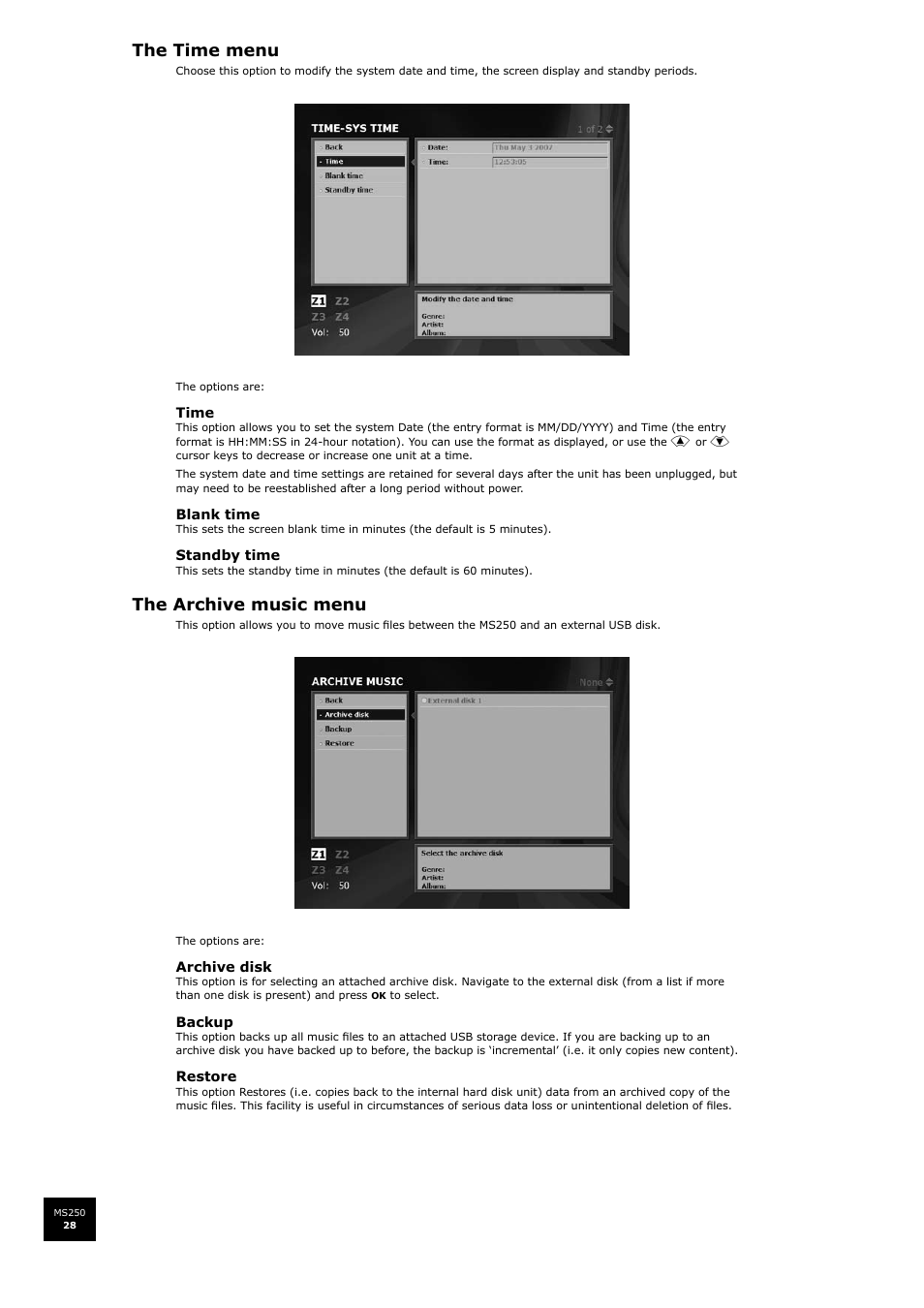 The time menu, The archive music menu | Arcam FMJ MS250 User Manual | Page 28 / 36