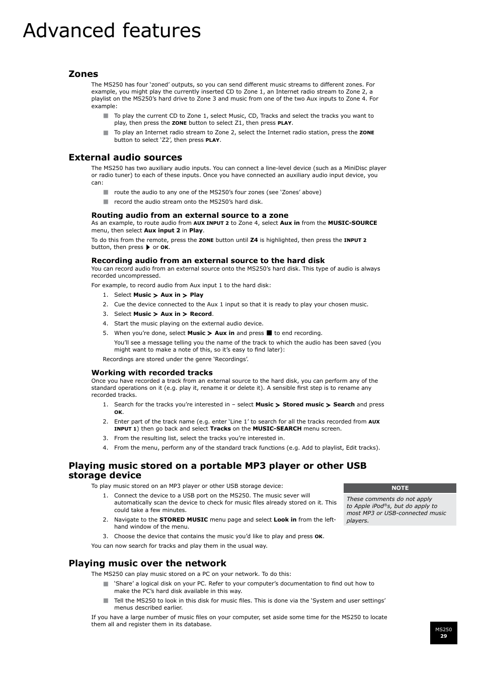 Advanced features, Zones, External audio sources | Playing music over the network | Arcam FMJ MS250 User Manual | Page 29 / 36