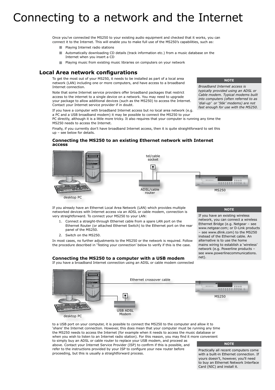 Connecting to a network and the internet, Local area network configurations | Arcam FMJ MS250 User Manual | Page 31 / 36