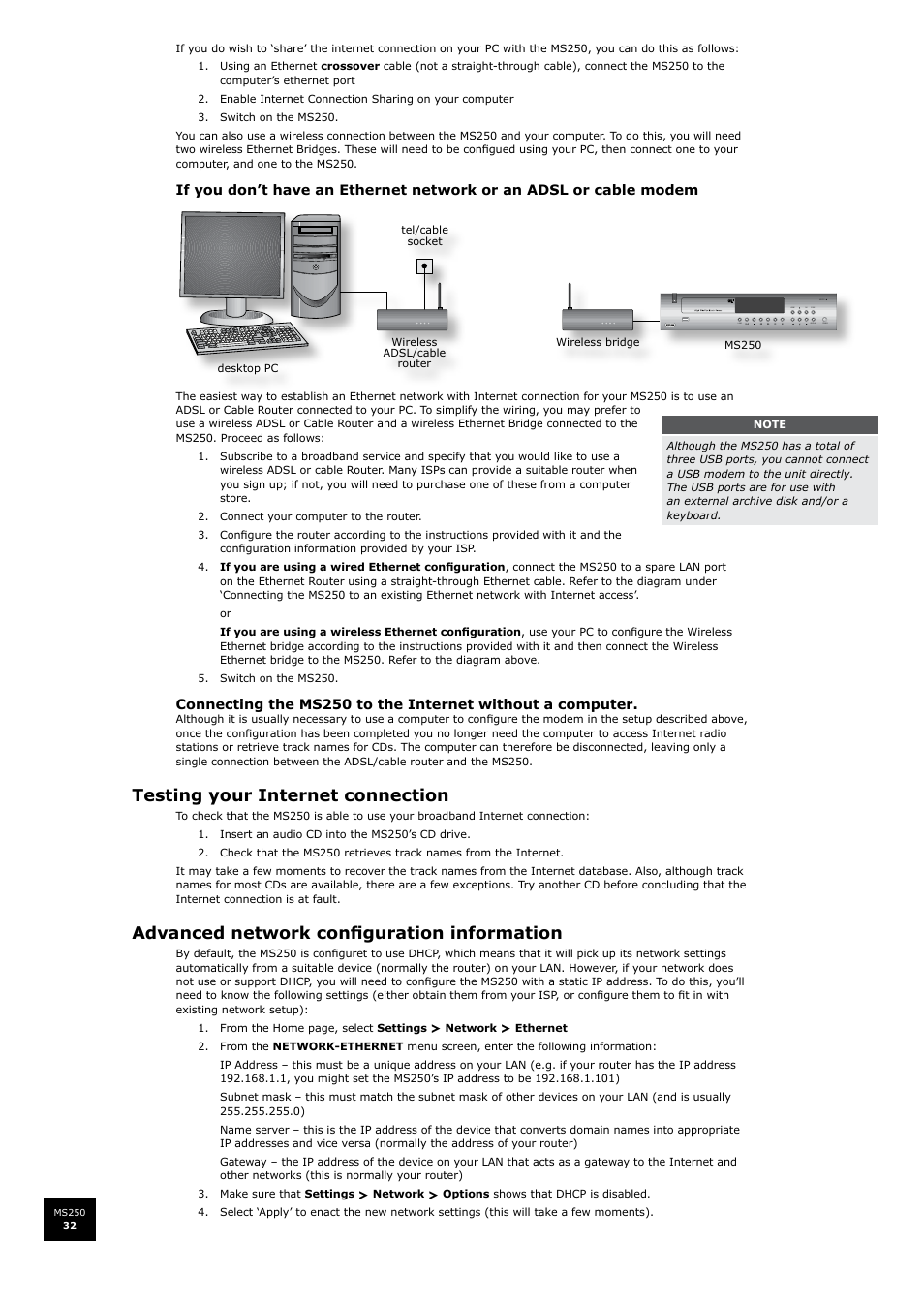 Testing your internet connection, Advanced network configuration information | Arcam FMJ MS250 User Manual | Page 32 / 36