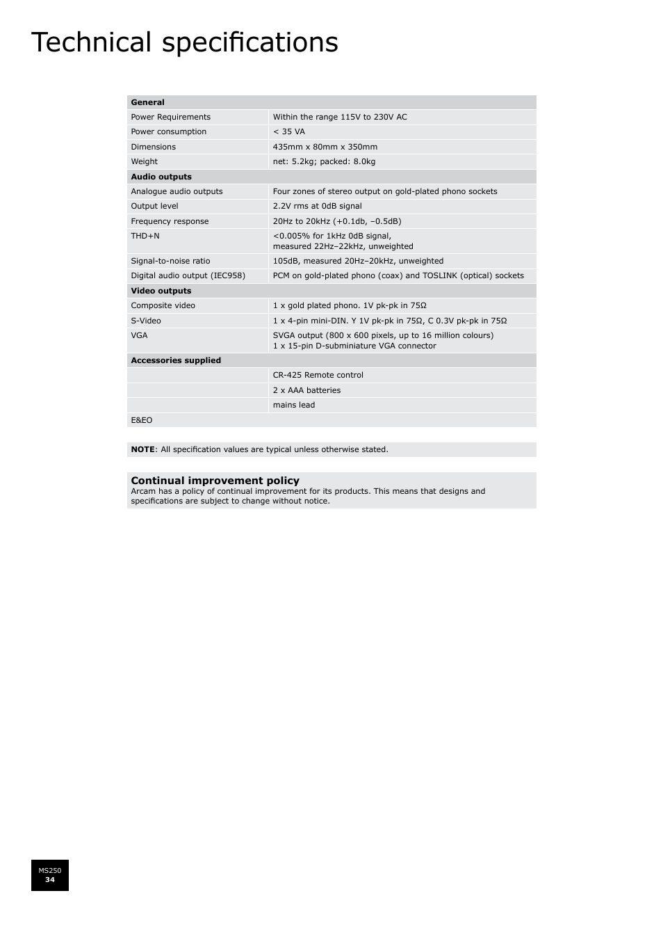 Technical specifications | Arcam FMJ MS250 User Manual | Page 34 / 36