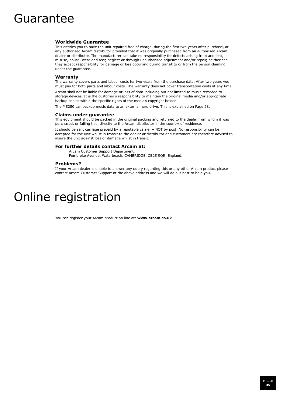 Guarantee, Online registration | Arcam FMJ MS250 User Manual | Page 35 / 36