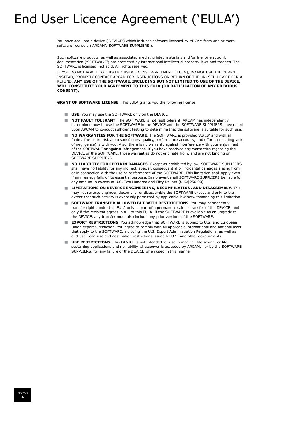 End user licence agreement (‘eula’) | Arcam FMJ MS250 User Manual | Page 4 / 36