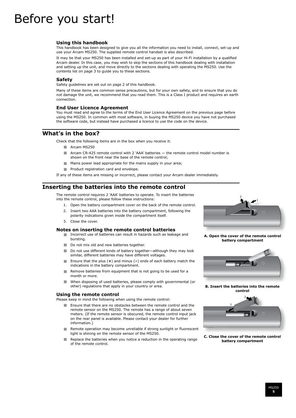 Before you start, What’s in the box, Inserting the batteries into the remote control | Arcam FMJ MS250 User Manual | Page 5 / 36