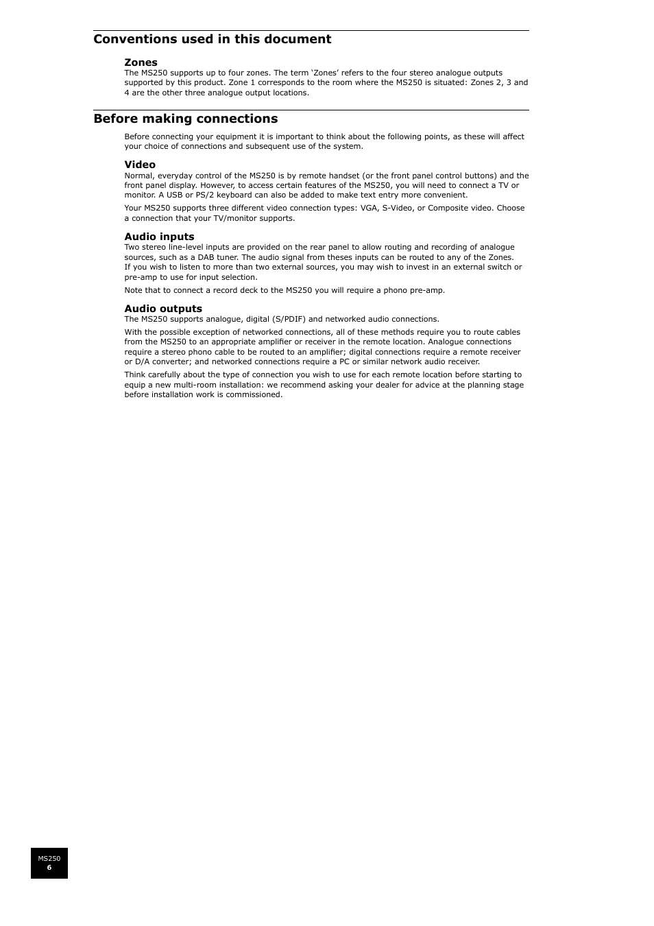 Conventions used in this document, Before making connections | Arcam FMJ MS250 User Manual | Page 6 / 36