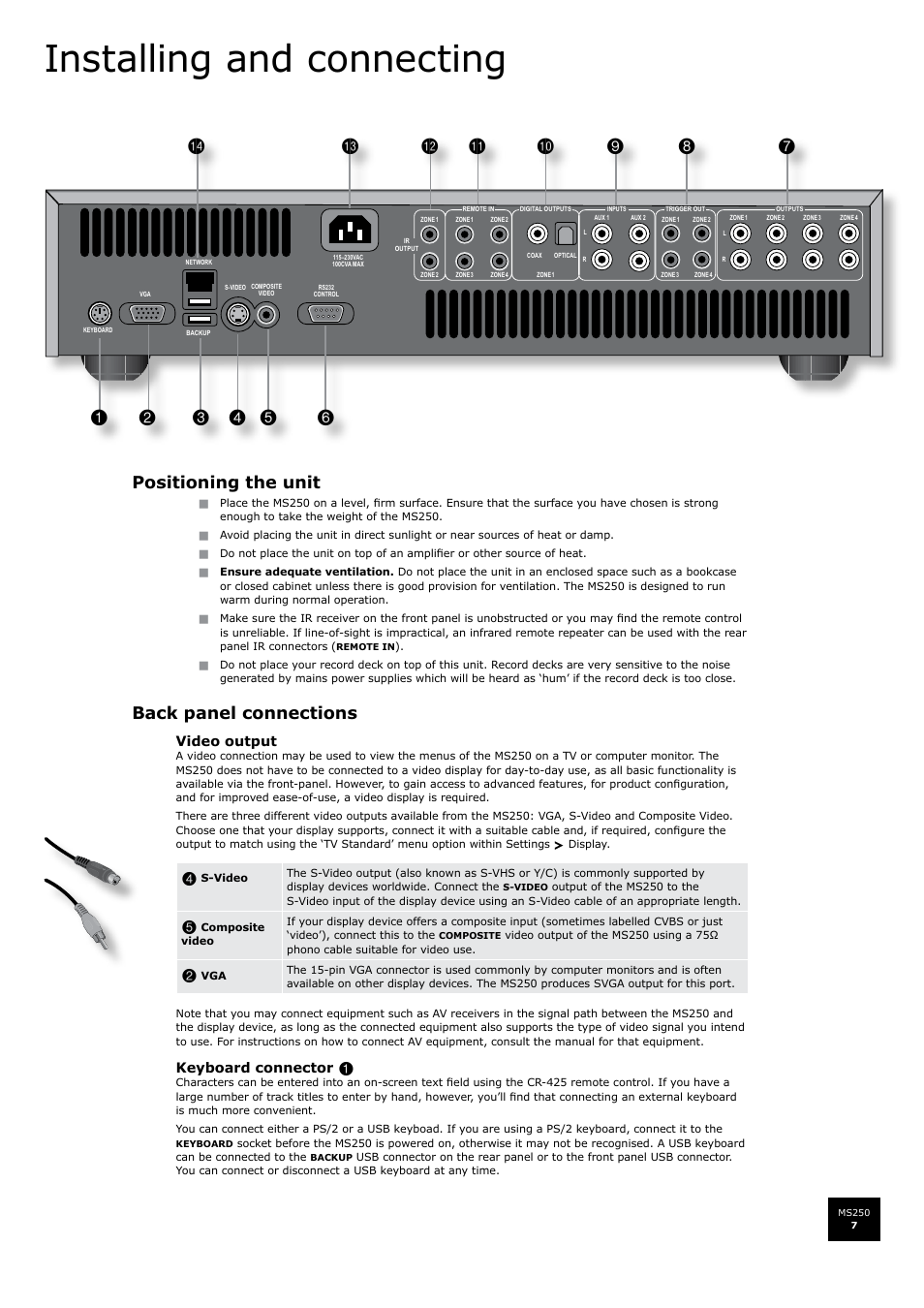 Installing and connecting, Positioning the unit, Back panel connections | Arcam FMJ MS250 User Manual | Page 7 / 36