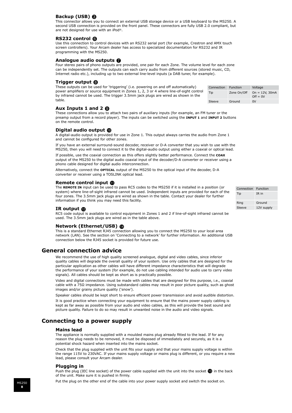 General connection advice, Connecting to a power supply | Arcam FMJ MS250 User Manual | Page 8 / 36