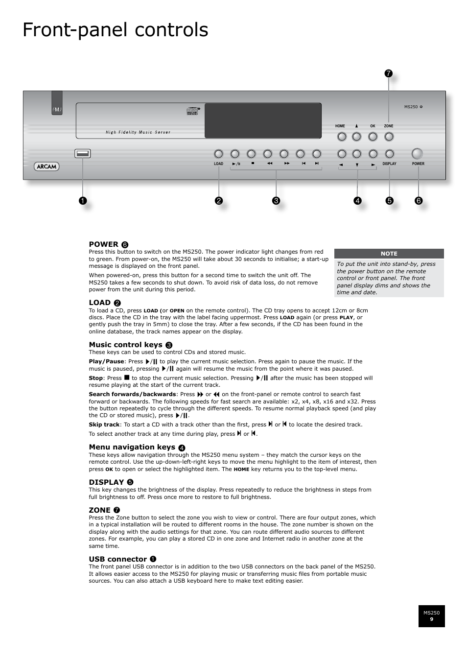 Front-panel controls | Arcam FMJ MS250 User Manual | Page 9 / 36