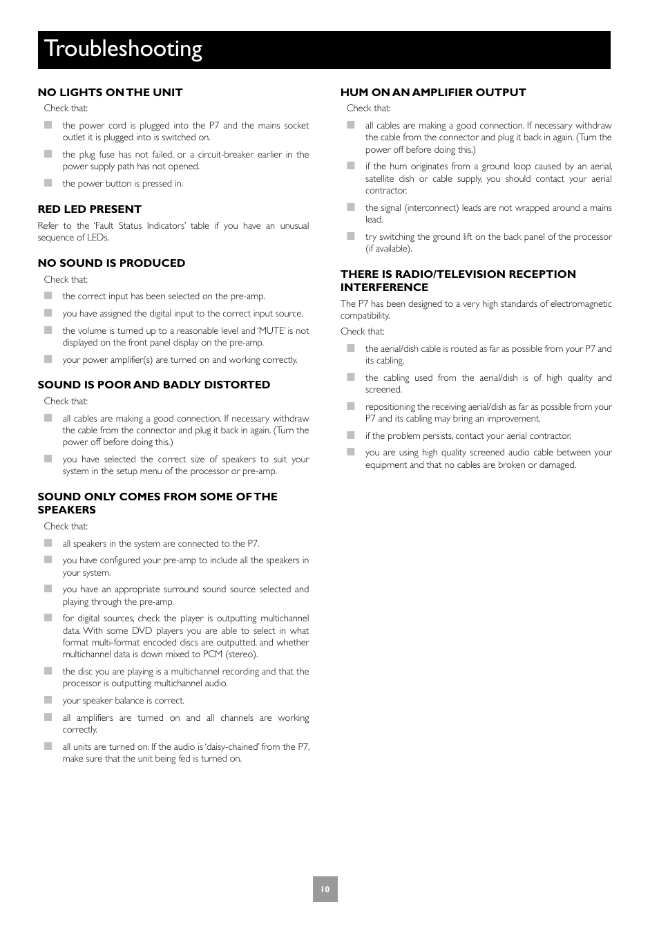 Troubleshooting | Arcam FMJ P7 User Manual | Page 10 / 52