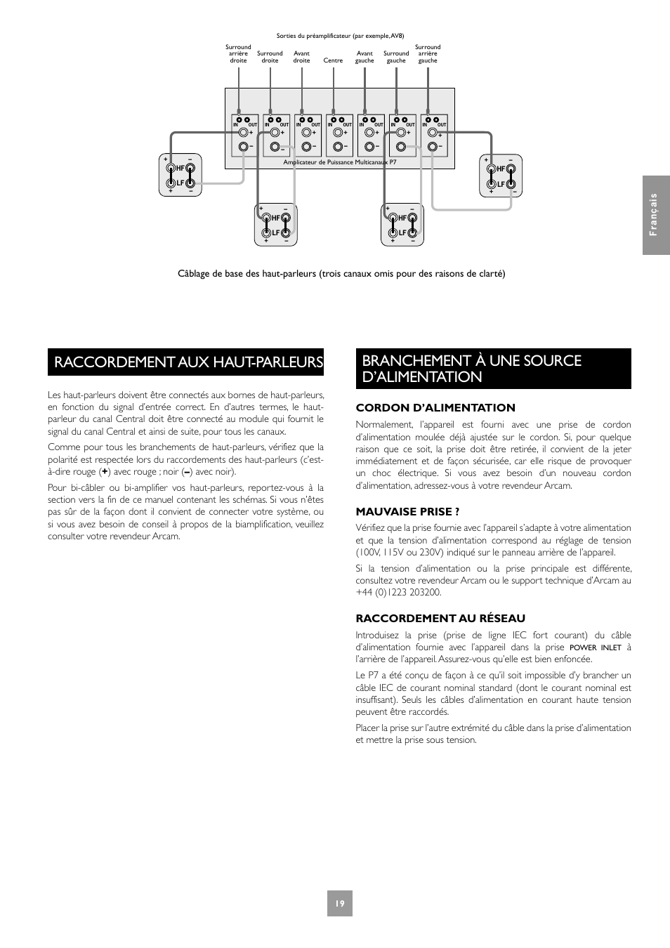 Raccordement aux haut-parleurs, Branchement à une source d’alimentation, 19 branchement à une source d’alimentation | Cordon d’alimentation, Mauvaise prise, Raccordement au réseau | Arcam FMJ P7 User Manual | Page 19 / 52