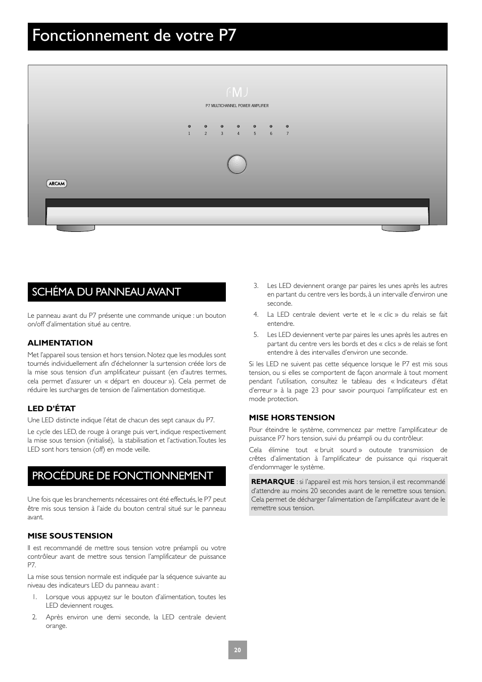 Fonctionnement de votre p7, Schéma du panneau avant, Procédure de fonctionnement | Arcam FMJ P7 User Manual | Page 20 / 52