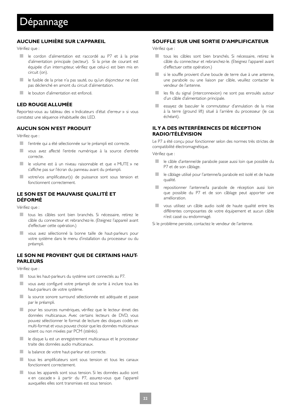 Dépannage | Arcam FMJ P7 User Manual | Page 22 / 52