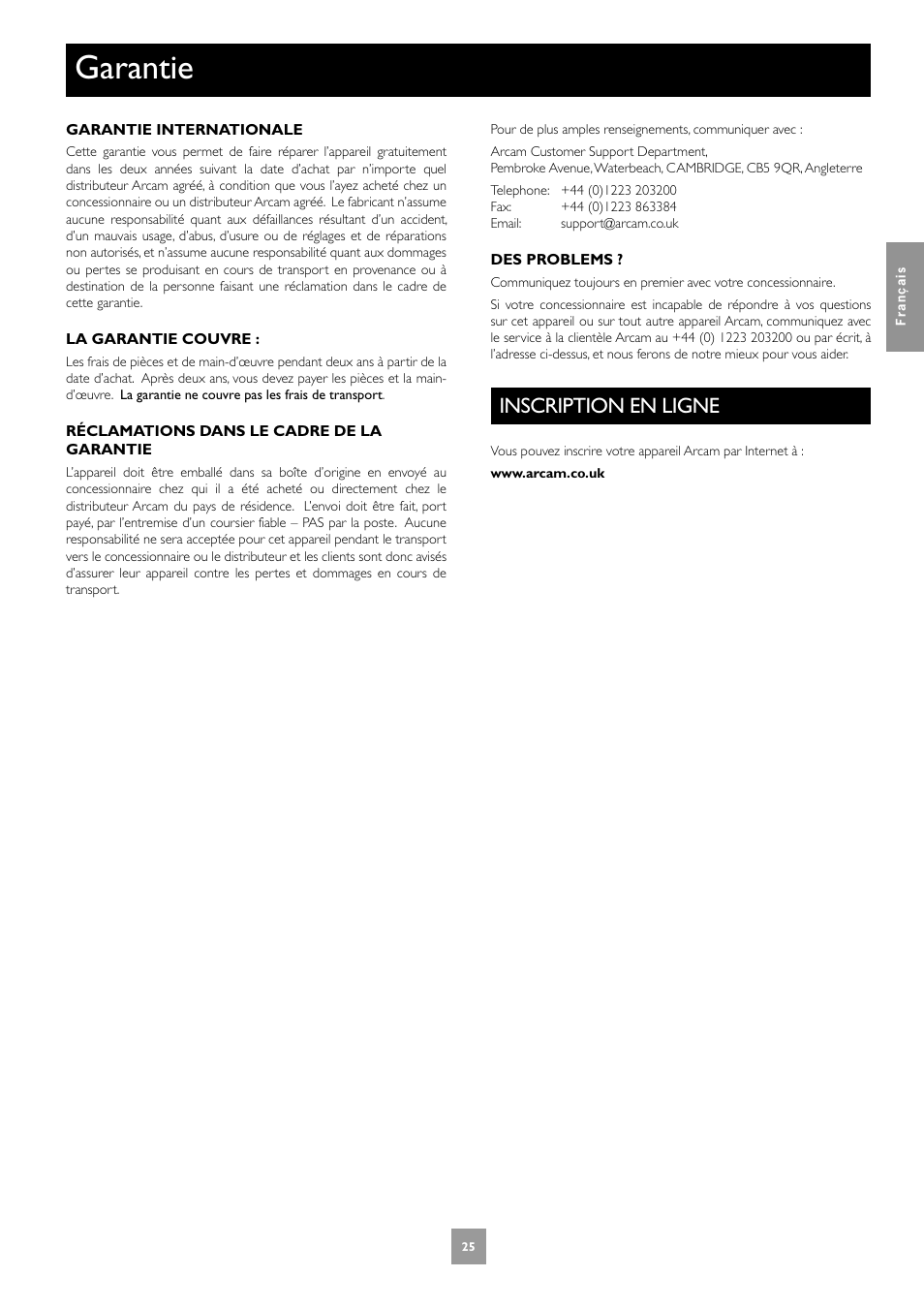 Garantie, Inscription en ligne | Arcam FMJ P7 User Manual | Page 25 / 52