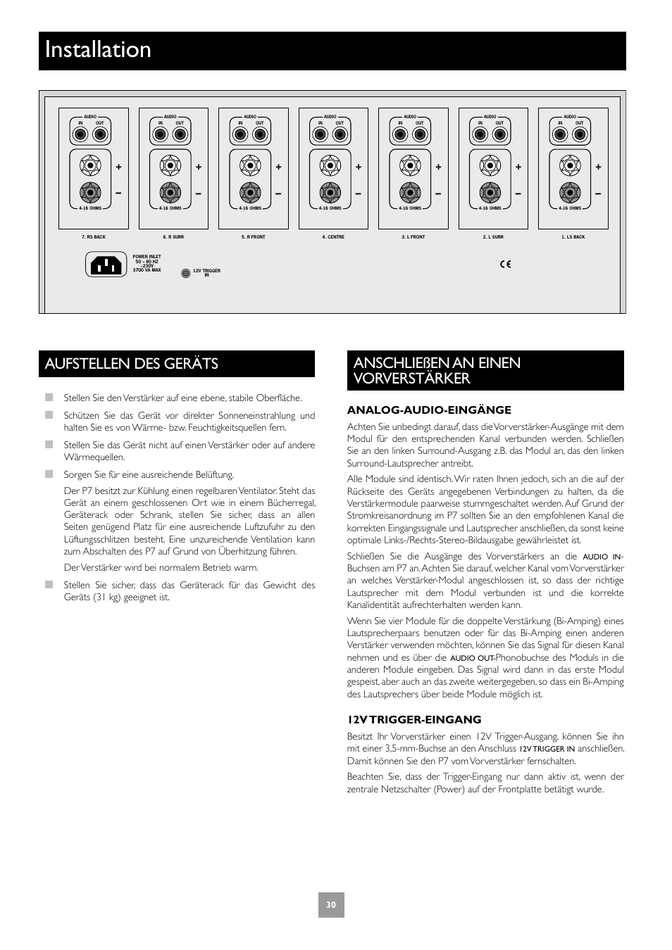 Installation, Aufstellen des geräts, Anschließen an einen vorverstärker | 30 anschließen an einen vorverstärker, Analog-audio-eingänge, 12v trigger-eingang | Arcam FMJ P7 User Manual | Page 30 / 52