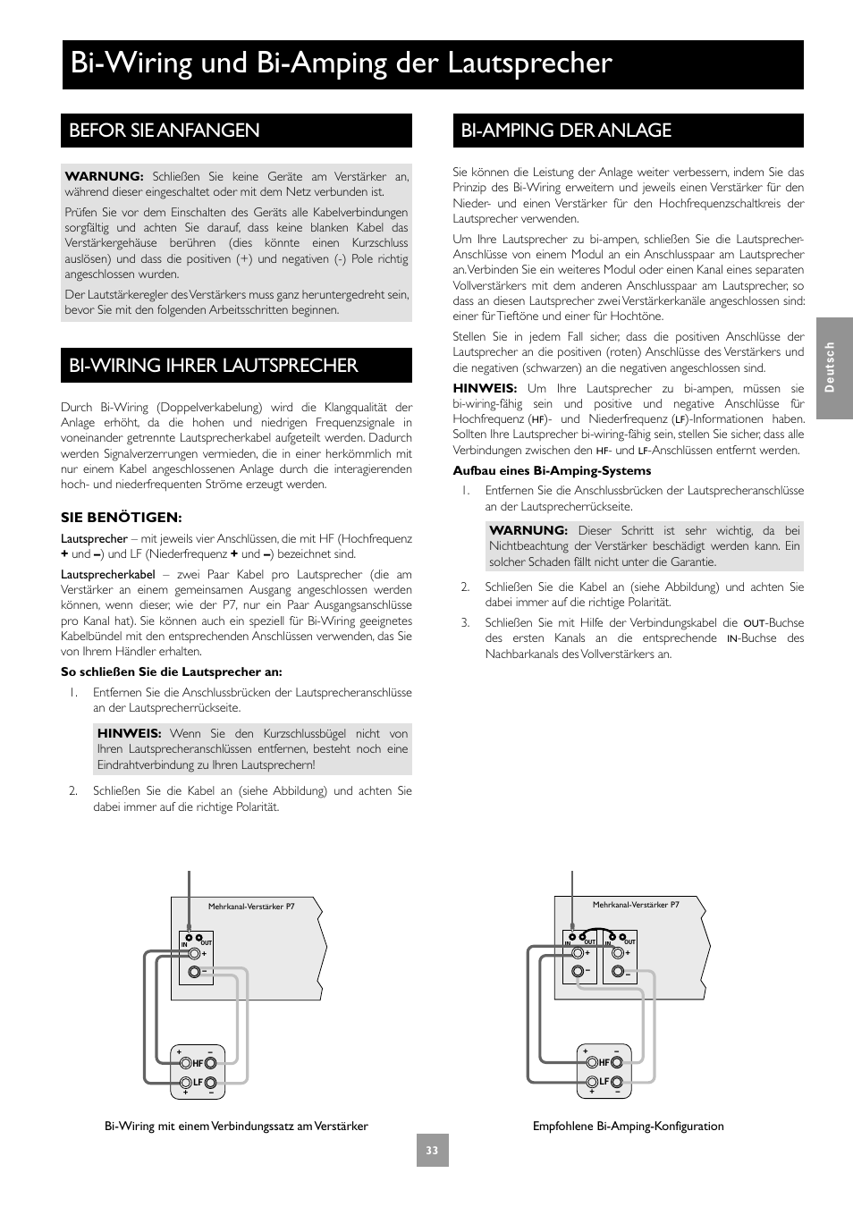 Befor sie anfangen, Bi-wiring ihrer lautsprecher, Bi-wiring und bi-amping der lautsprecher | Bi-amping der anlage, 33 bi-wiring ihrer lautsprecher, Sie benötigen | Arcam FMJ P7 User Manual | Page 33 / 52