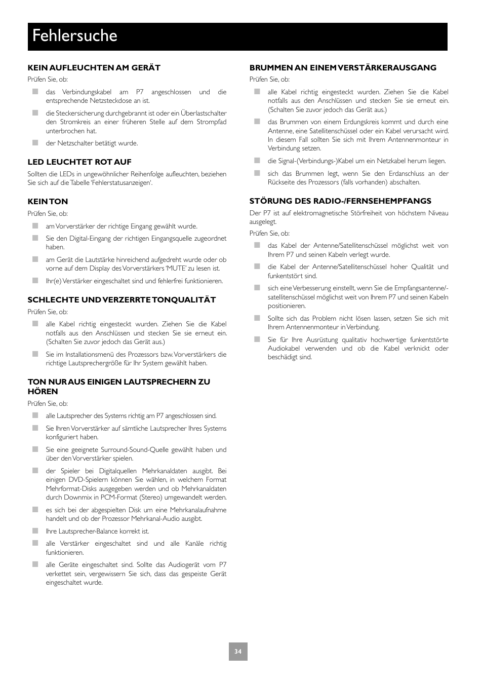 Fehlersuche | Arcam FMJ P7 User Manual | Page 34 / 52