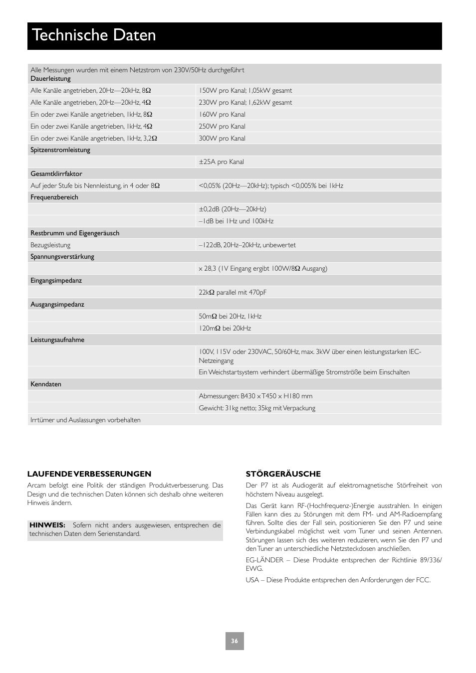 Technische daten | Arcam FMJ P7 User Manual | Page 36 / 52