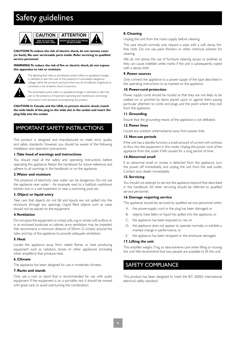 Safety guidelines, Important safety instructions, Safety compliance | 4 safety compliance | Arcam FMJ P7 User Manual | Page 4 / 52