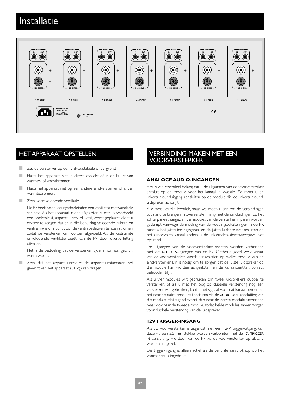 Installatie, Het apparaat opstellen, Verbinding maken met een voorversterker | 42 verbinding maken met een voorversterker, Analoge audio-ingangen, 12v trigger-ingang | Arcam FMJ P7 User Manual | Page 42 / 52