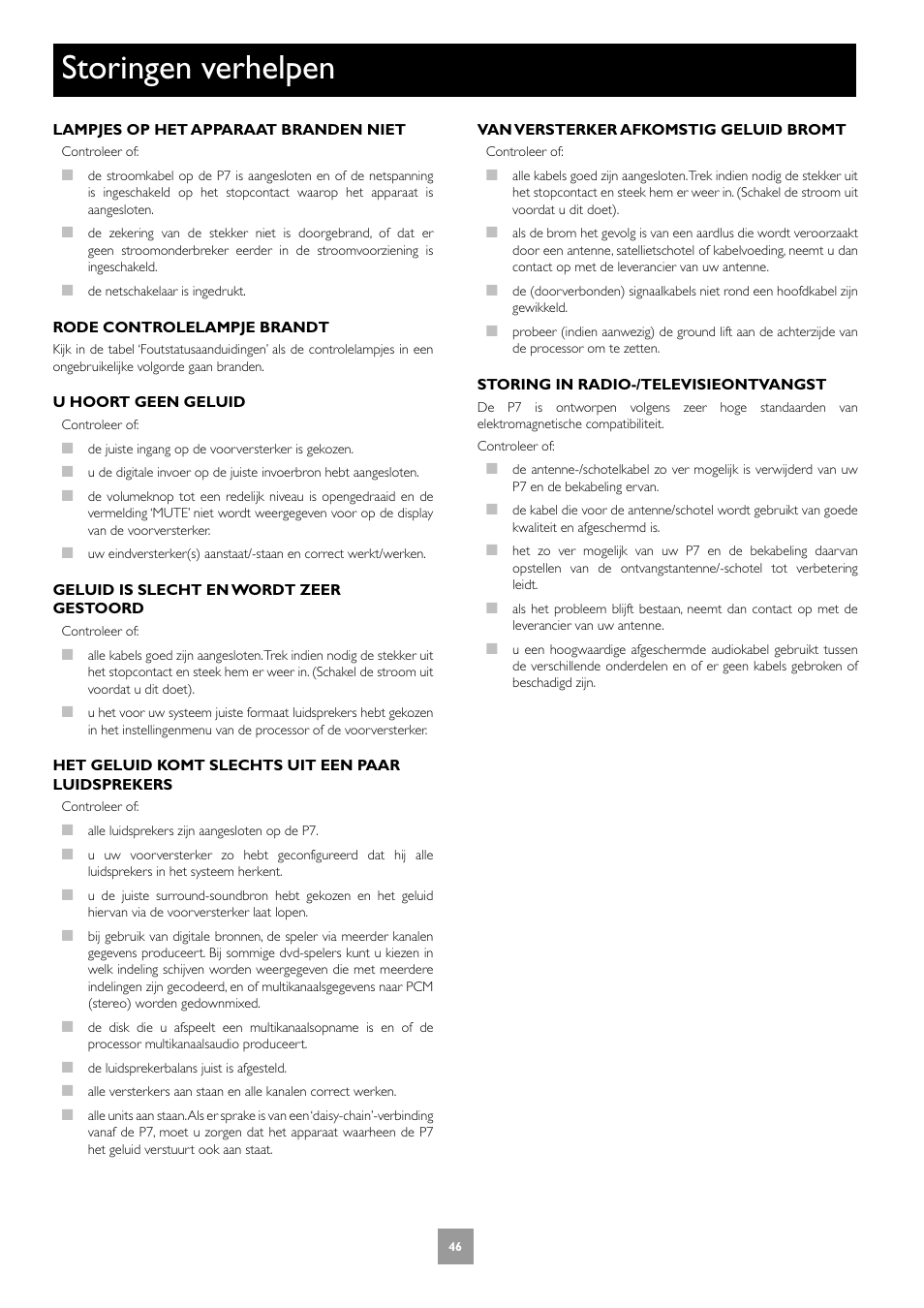 Storingen verhelpen | Arcam FMJ P7 User Manual | Page 46 / 52