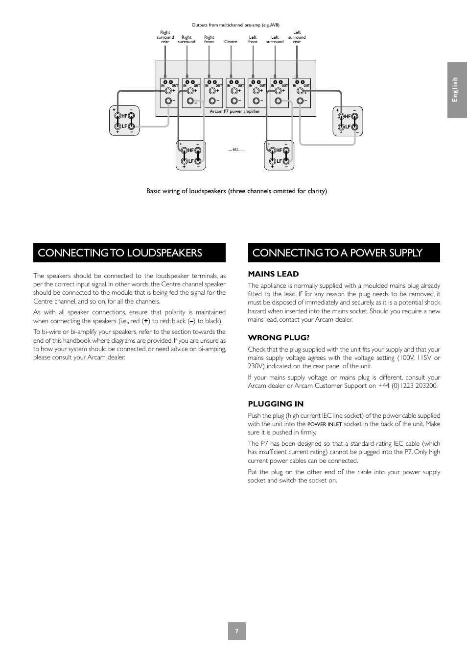 Connecting to loudspeakers, Connecting to a power supply, 7 connecting to a power supply | Mains lead, Wrong plug, Plugging in | Arcam FMJ P7 User Manual | Page 7 / 52