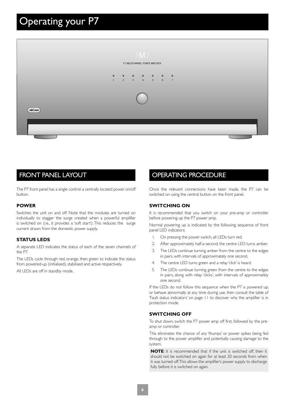 Operating your p7, Front panel layout, Operating procedure | 8 operating procedure | Arcam FMJ P7 User Manual | Page 8 / 52