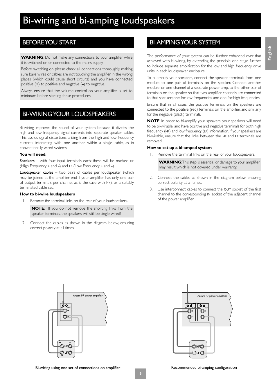 Before you start, Bi-wiring your loudspeakers, Bi-wiring and bi-amping loudspeakers | Bi-amping your system, 9 bi-wiring your loudspeakers | Arcam FMJ P7 User Manual | Page 9 / 52