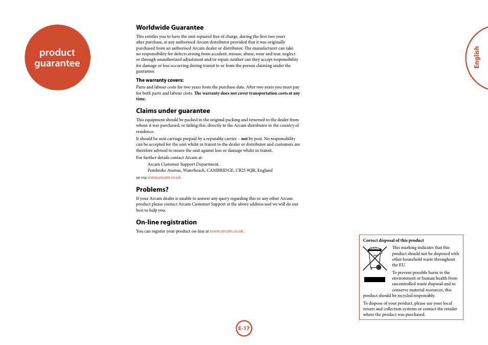 Product guarantee | Arcam FMJ T32 User Manual | Page 17 / 20