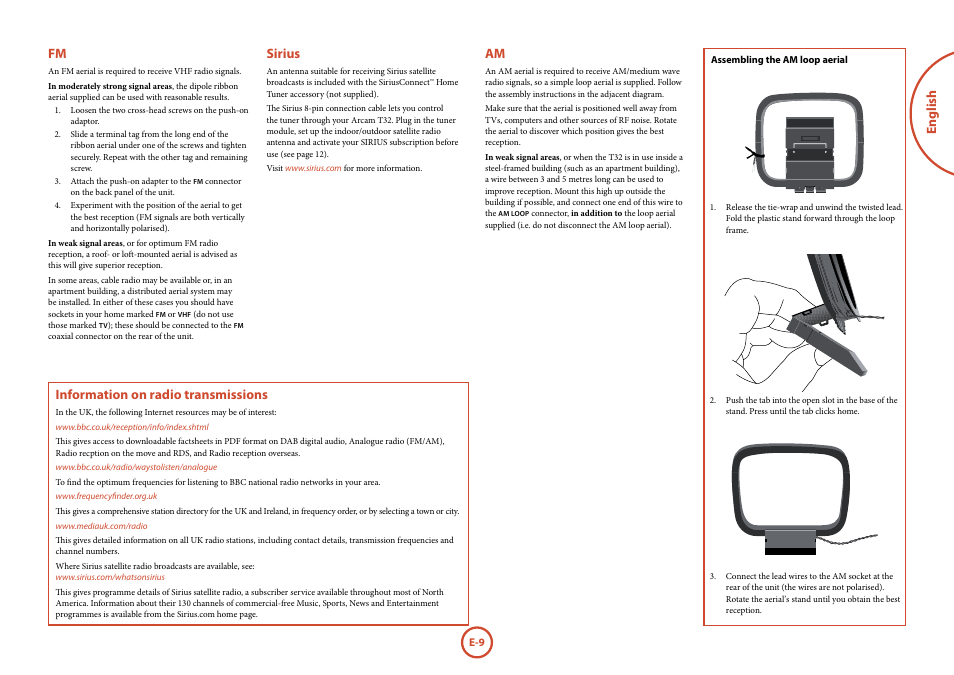 English fm, Sirius, Information on radio transmissions | Arcam FMJ T32 User Manual | Page 9 / 20