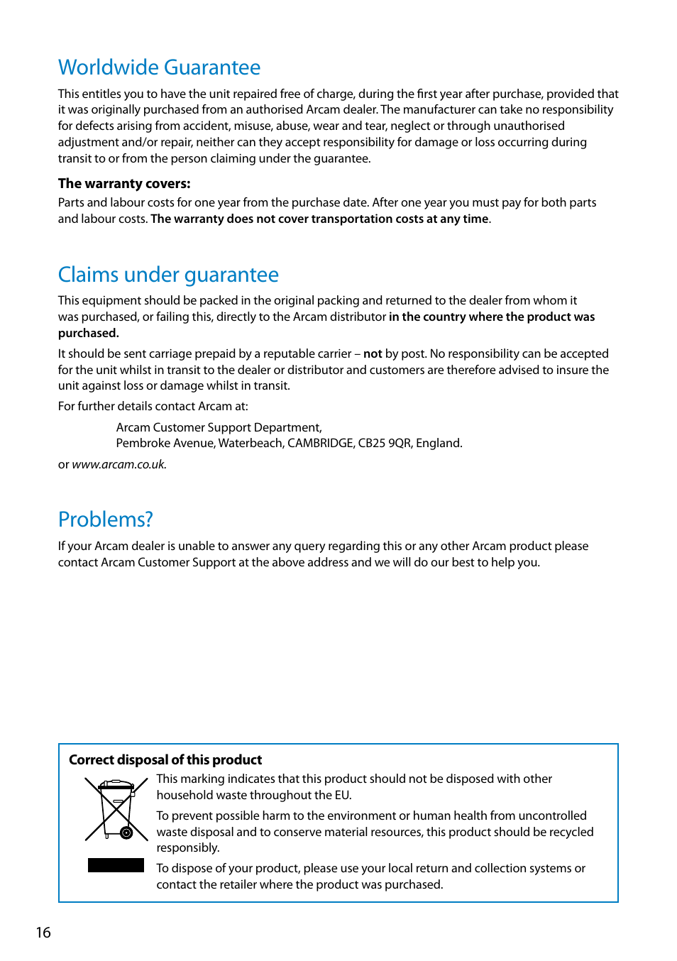 Worldwide guarantee, Claims under guarantee, Problems | Arcam FMJ rDAC User Manual | Page 16 / 20