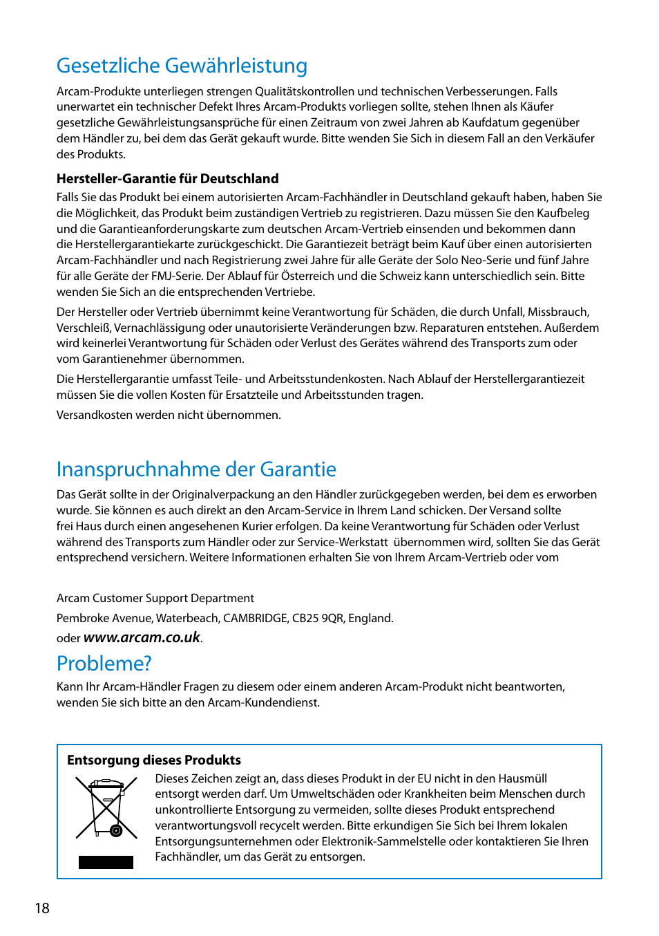 Gesetzliche gewährleistung, Inanspruchnahme der garantie, Probleme | Arcam FMJ rDAC User Manual | Page 18 / 20