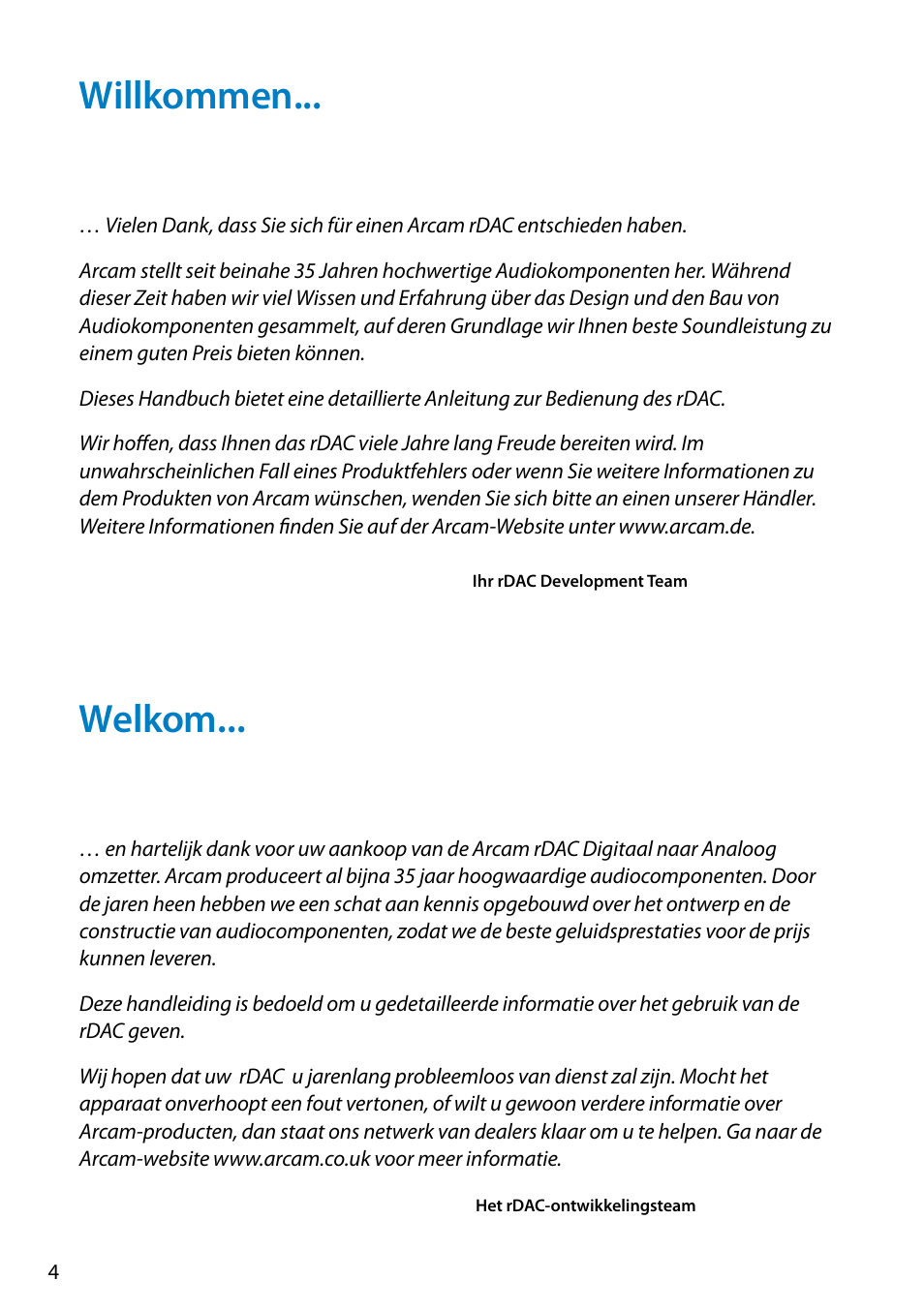 Willkommen... welkom | Arcam FMJ rDAC User Manual | Page 4 / 20