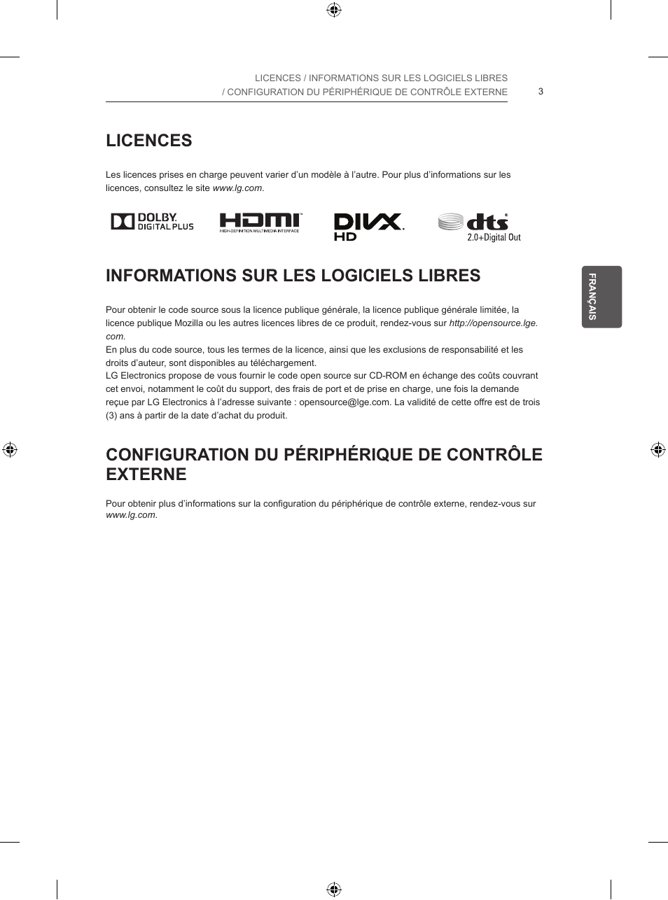 Licences, Informations sur les logiciels libres, Configuration du périphérique de contrôle externe | LG 55UB820V User Manual | Page 100 / 303