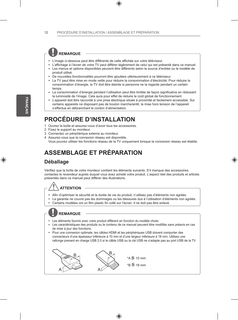 Procédure d’installation, Assemblage et préparation, Déballage | LG 55UB820V User Manual | Page 109 / 303
