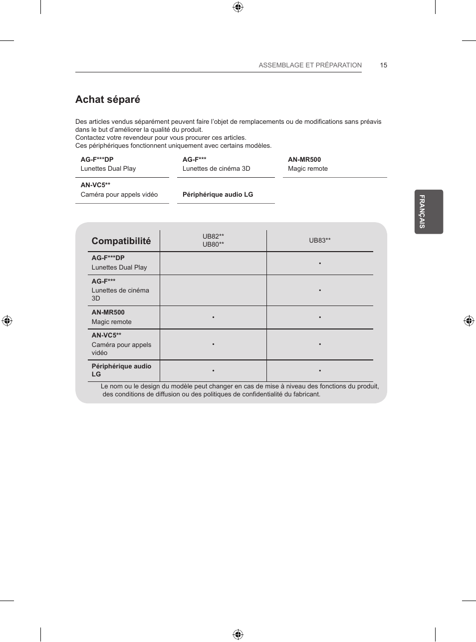 Achat séparé, Compatibilité | LG 55UB820V User Manual | Page 112 / 303