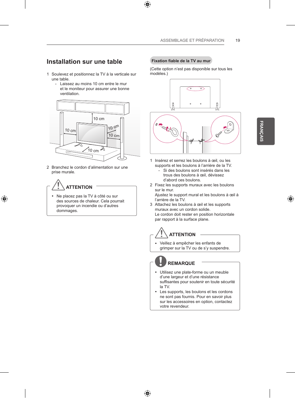 Installation sur une table | LG 55UB820V User Manual | Page 116 / 303