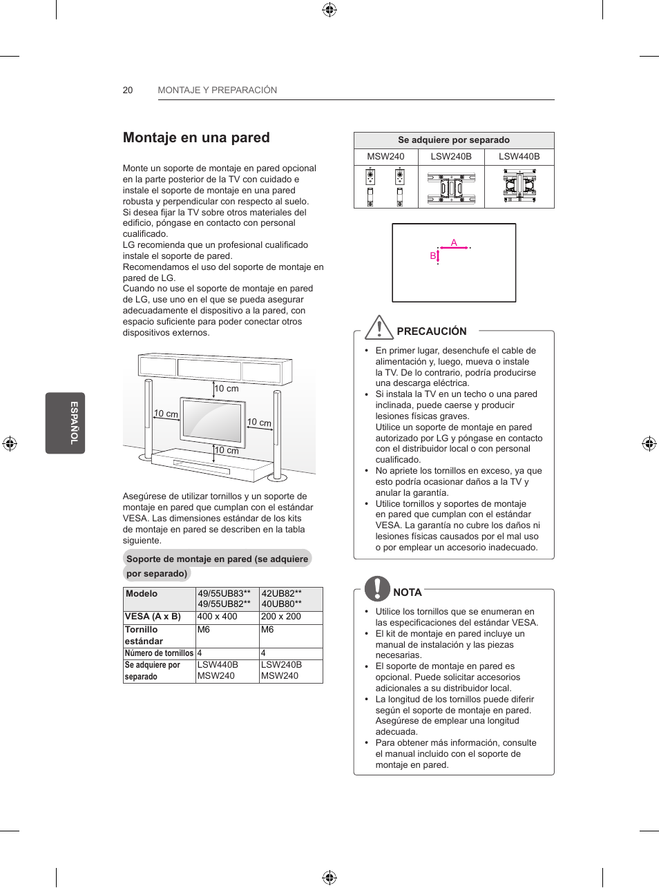 Montaje en una pared | LG 55UB820V User Manual | Page 177 / 303