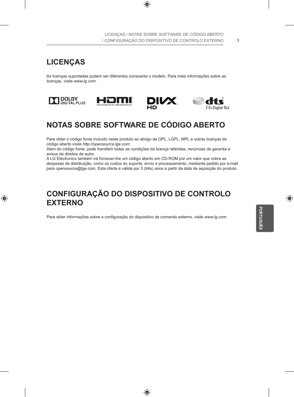 Licenças, Notas sobre software de código aberto, Configuração do dispositivo de controlo externo | LG 55UB820V User Manual | Page 188 / 303