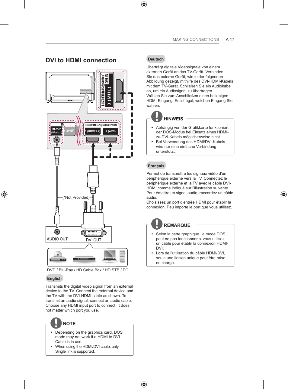 Dvi to hdmi connection | LG 55UB820V User Manual | Page 20 / 303
