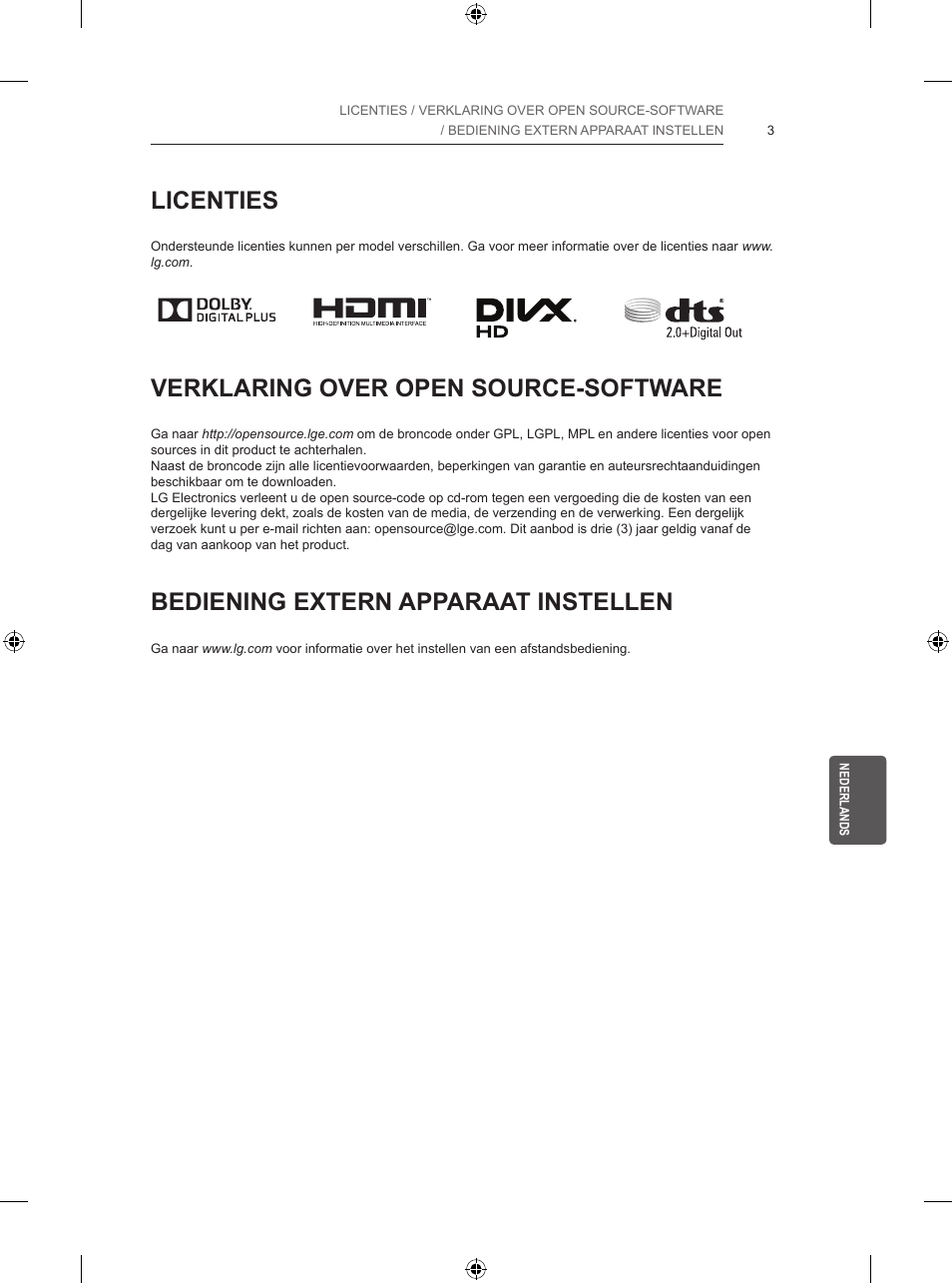 Licenties, Verklaring over open source-software, Bediening extern apparaat instellen | LG 55UB820V User Manual | Page 216 / 303
