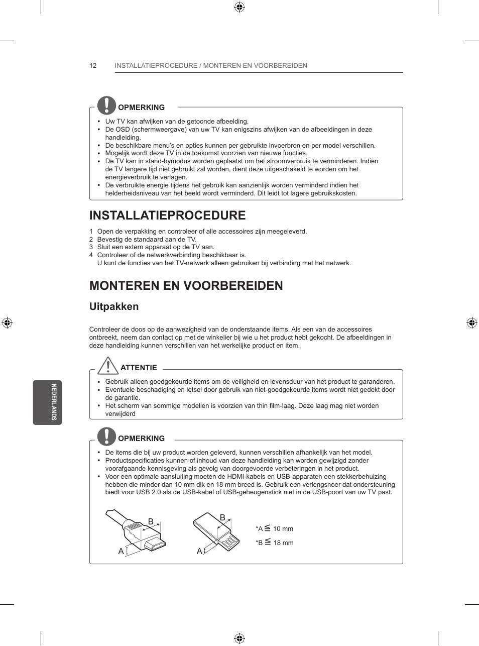 Installatieprocedure, Monteren en voorbereiden, Uitpakken | LG 55UB820V User Manual | Page 225 / 303