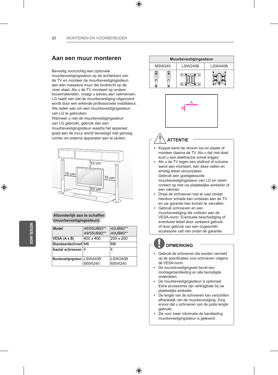 Aan een muur monteren | LG 55UB820V User Manual | Page 233 / 303