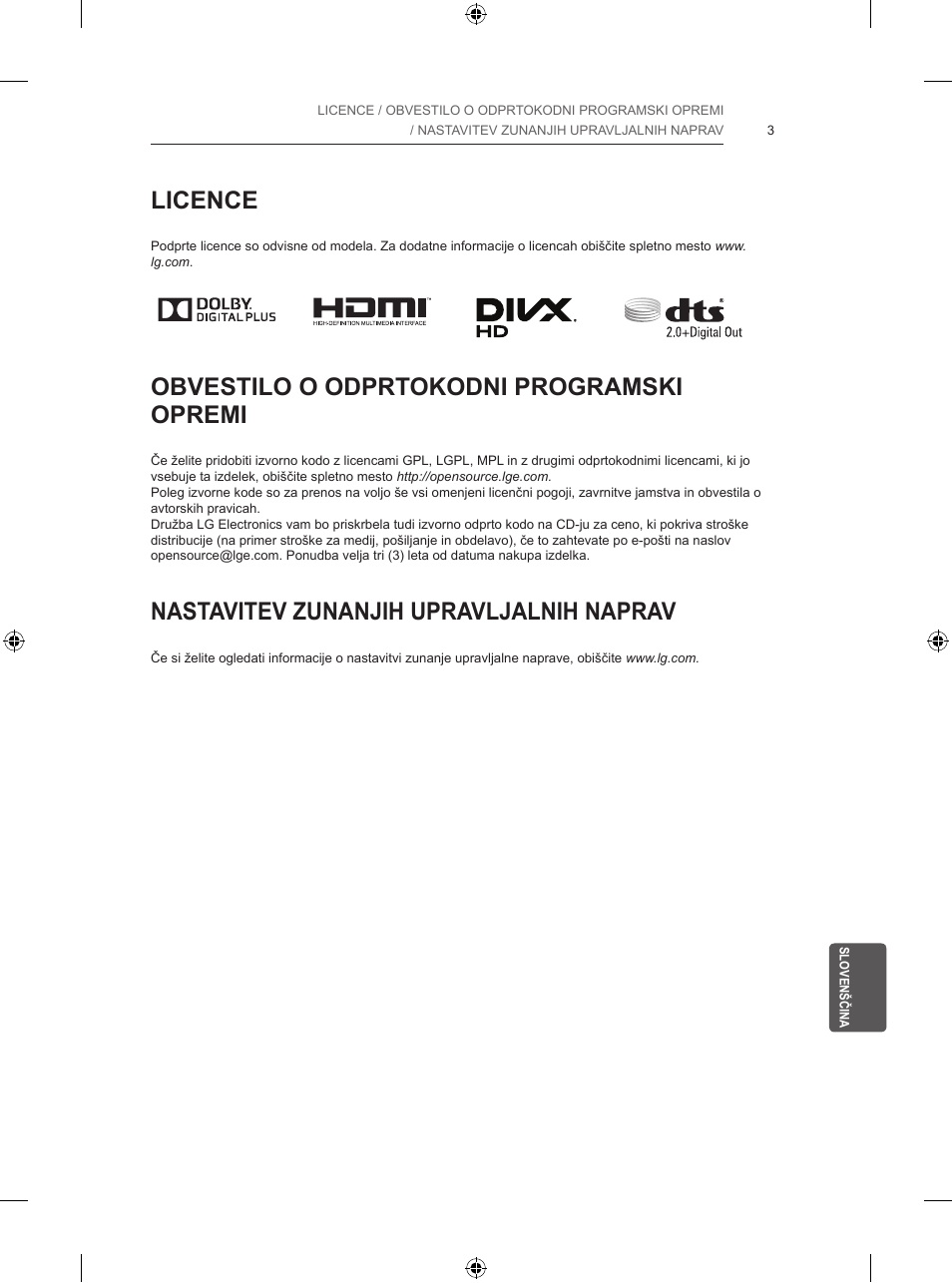 Licence, Obvestilo o odprtokodni programski opremi, Nastavitev zunanjih upravljalnih naprav | LG 55UB820V User Manual | Page 272 / 303