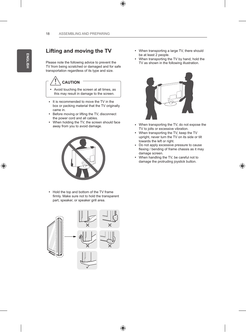Lifting and moving the tv | LG 55UB820V User Manual | Page 59 / 303