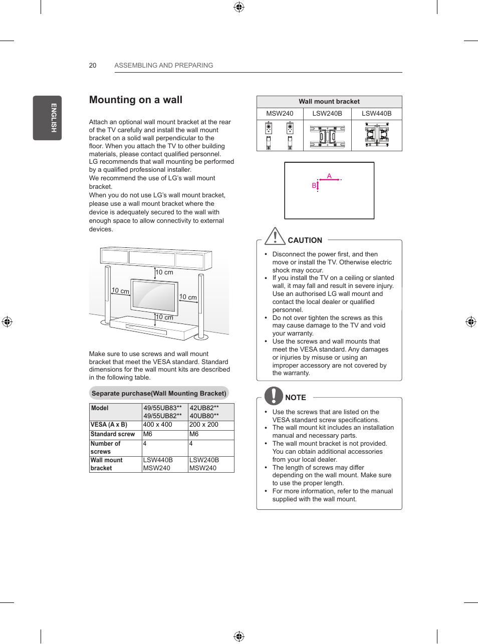 Mounting on a wall | LG 55UB820V User Manual | Page 61 / 303