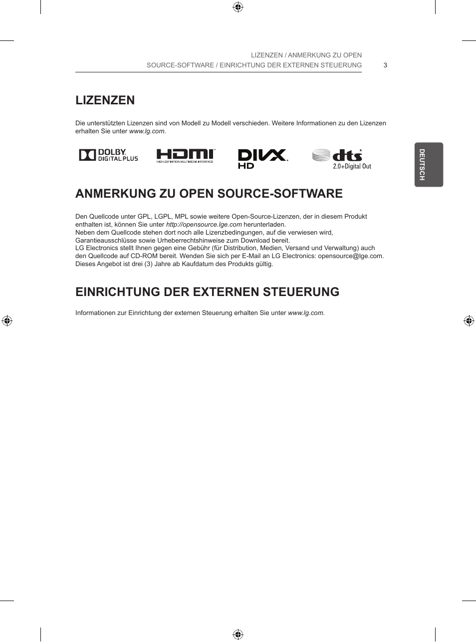 Lizenzen, Anmerkung zu open source-software, Einrichtung der externen steuerung | LG 55UB820V User Manual | Page 72 / 303