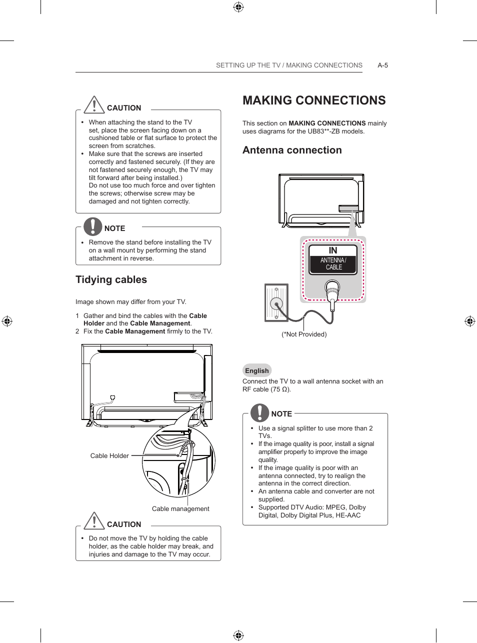 Making connections, Antenna connection, Tidying cables | LG 55UB820V User Manual | Page 8 / 303
