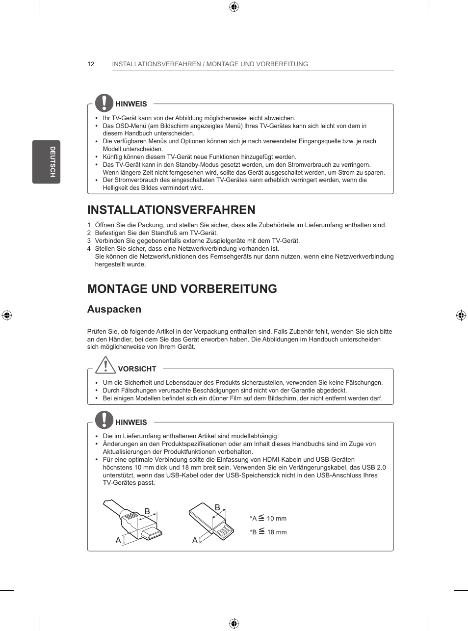 Installationsverfahren, Montage und vorbereitung, Auspacken | LG 55UB820V User Manual | Page 81 / 303