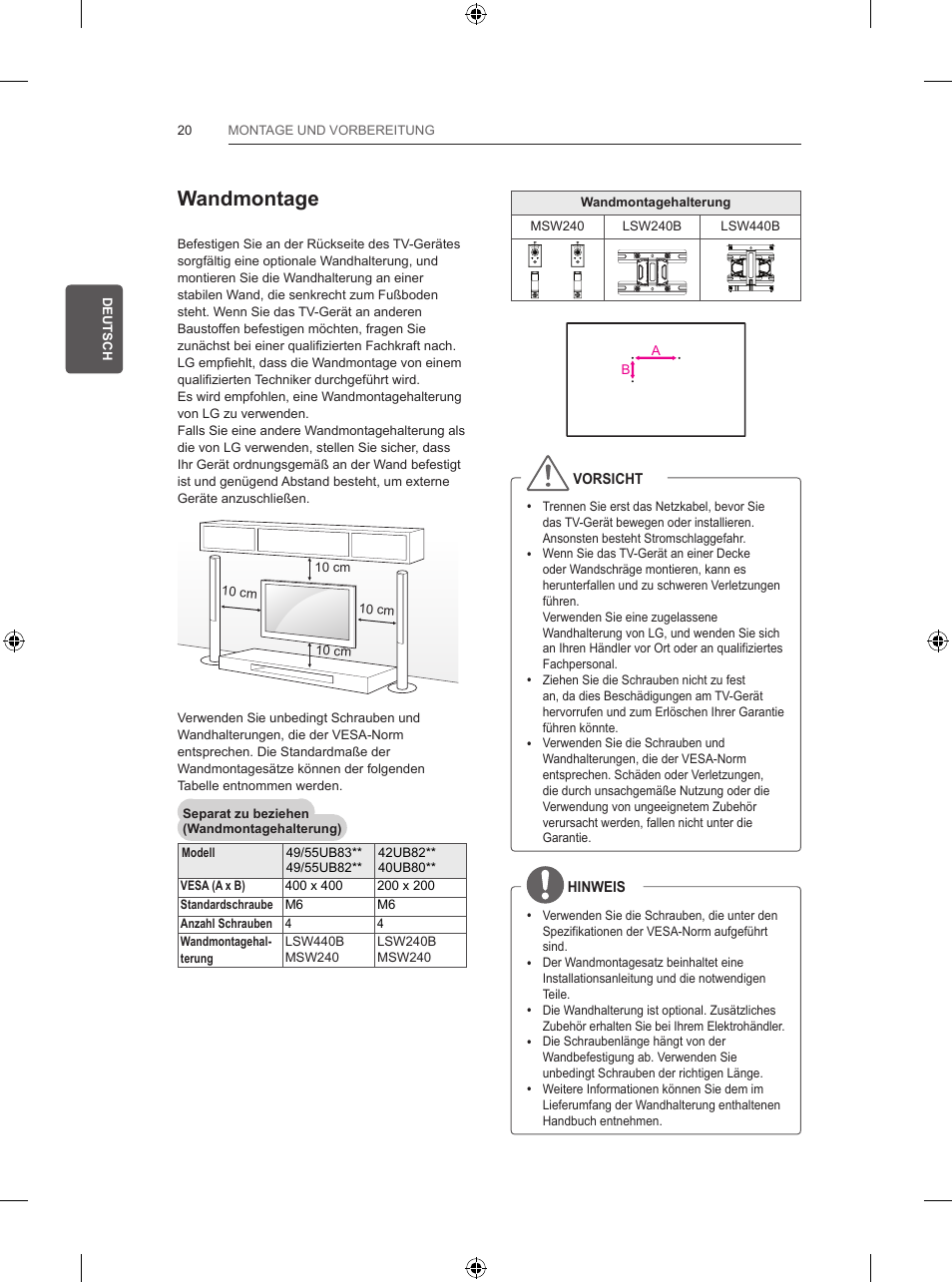 Wandmontage | LG 55UB820V User Manual | Page 89 / 303