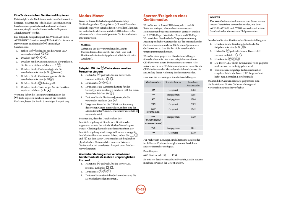 Modus-mover, Sperren/freigeben eines gerätemodus | Arcam FMJ BDP100 User Manual | Page 100 / 148
